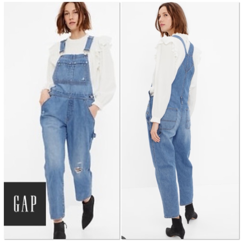 GAP Slouchy Overalls in medium destroy blue denim